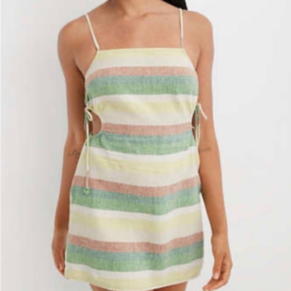 Aerie linen blend multicolor striped side cut out mini dress